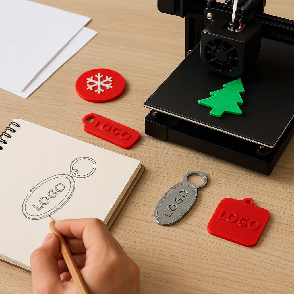 3D 프린터 작업 공간에서 키링과 마그넷을 설계하고 출력하는 모습