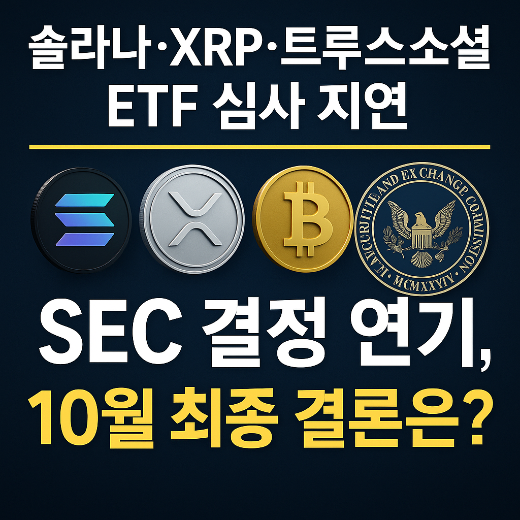 솔라나, XRP, 비트코인, SEC 로고와 함께 ETF 심사 지연을 알리는 썸네일 이미지