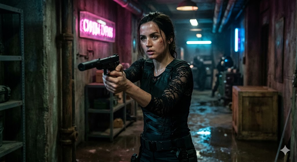 Ana de Armas as Eve Macarro wearing a dark tactical combat outfit, holding a silenced pistol in a gritty neon-lit room, looking intense and emotionally burdened.