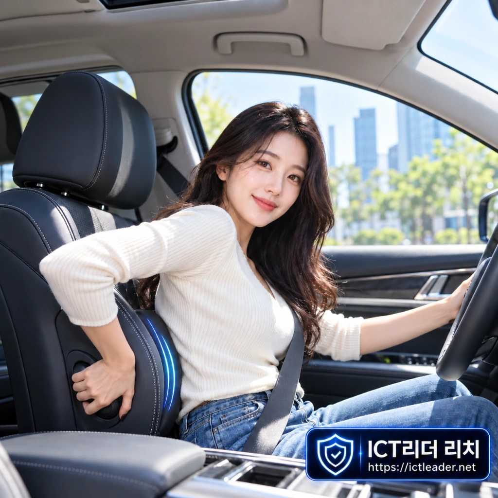 운전석 요추 받침을 조절하는 여성과 운전 허리 통증의 이유를 소개하는 대표 썸네일