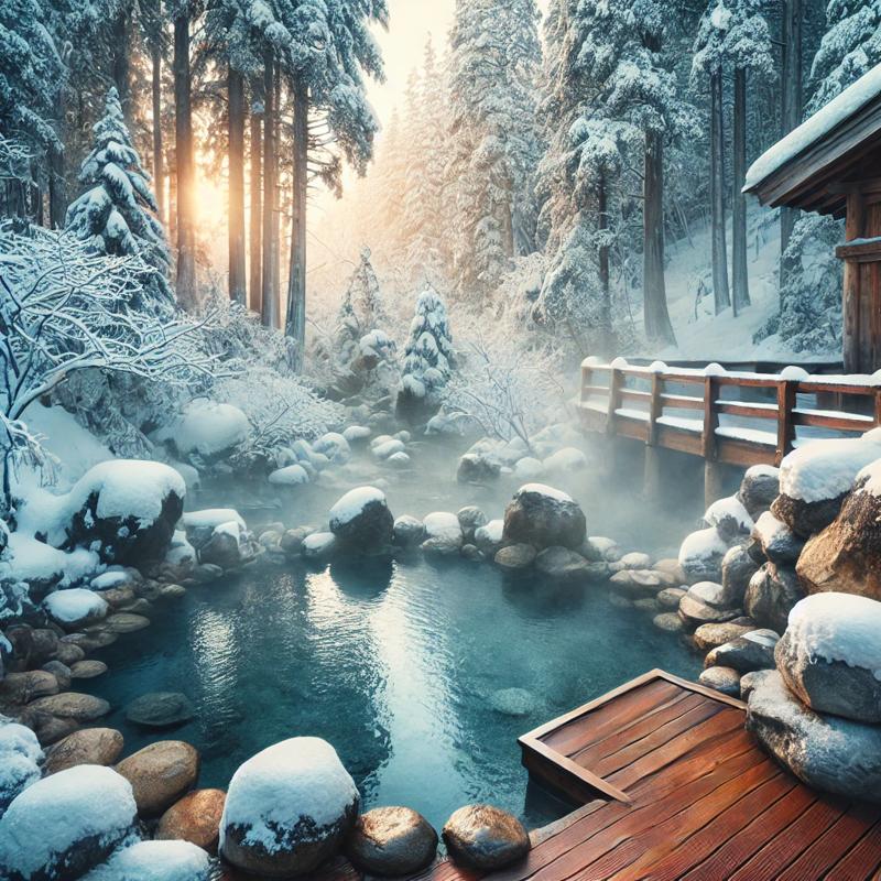 A serene hot spring in a winter forest, 겨울 숲 속의 온천