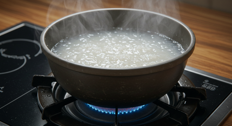 뚝배기의 80% 정도까지 쌀뜨물을 붓습니다