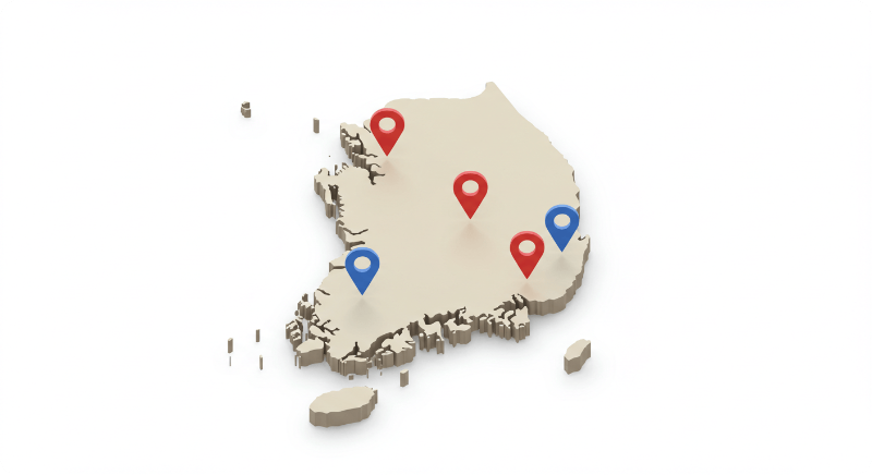 한국 지도 위에 양자 클러스터 유치를 위해 경쟁하는 주요 도시들을 연결하는 디지털 네트워크를 표현한 3D 아이소메트릭 일러스트