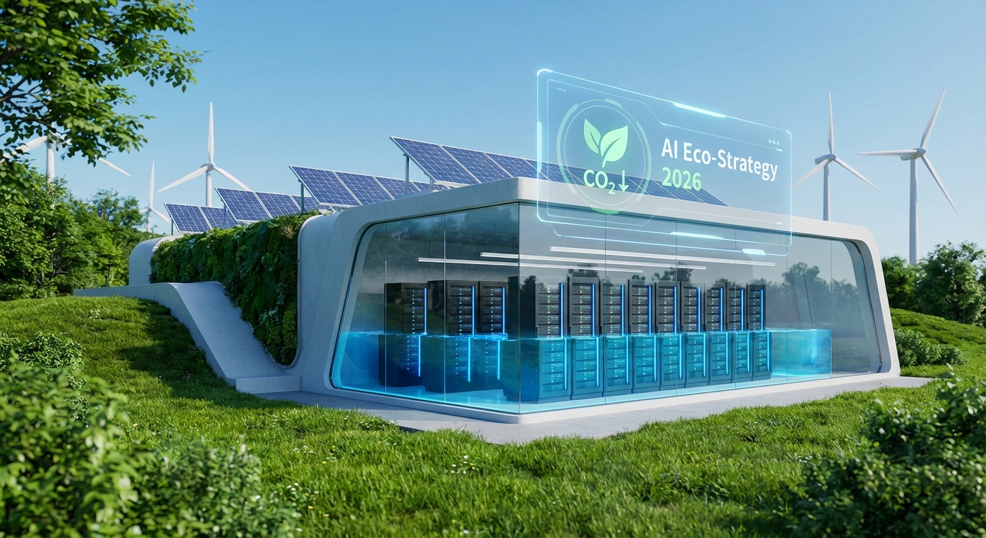 2026년 데이터센터 CO2 절감을 위한 친환경 AI 전략을 나타내는 썸네일 이미지로, 태양광 및 풍력 에너지로 구동되는 미래형 데이터센터와 탄소 감축 목표를 보여주는 홀로그램이 결합되어 있습니다.