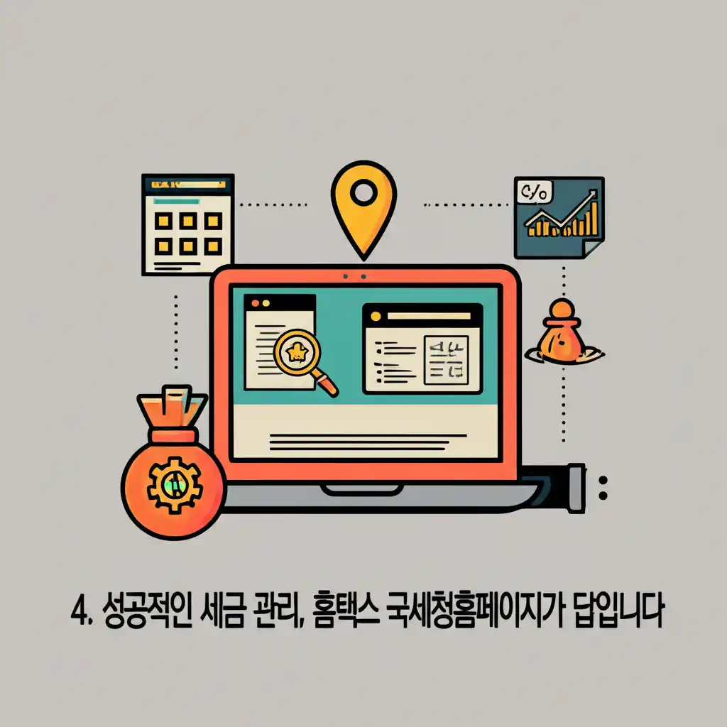 섹션 4. 성공적인 세금 관리를 위한 홈택스 국세청홈페이지 메인 화면. 핵심 세금 서비스들을 보여줌.