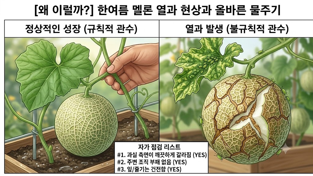 정상적으로 네트를 형성하는 멜론과 과도한 수분 흡수로 인해 측면이 갈라진 멜론의 대조적 모습을 보여주는 농업 교육 삽화
