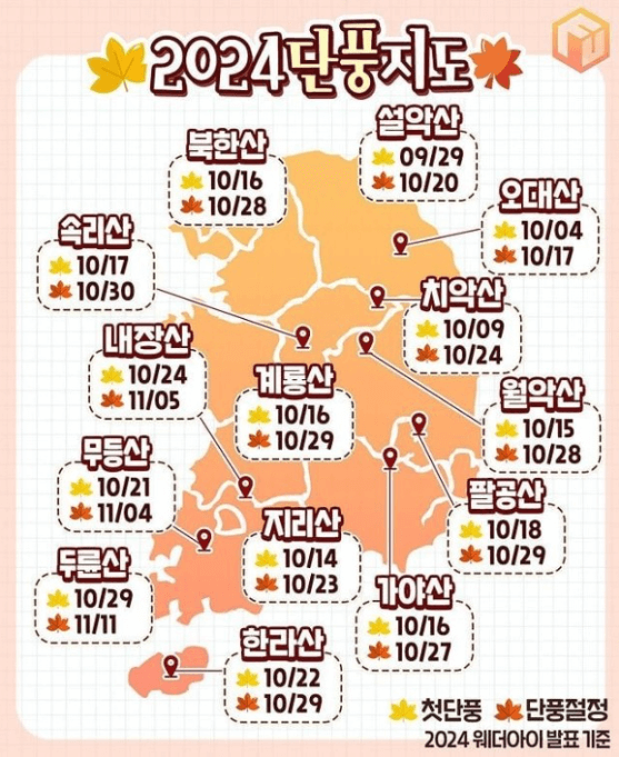 2024 단풍절정시기 지도 명소 설악산 축제 가을 지역별 시기 정보 화담숲 단풍