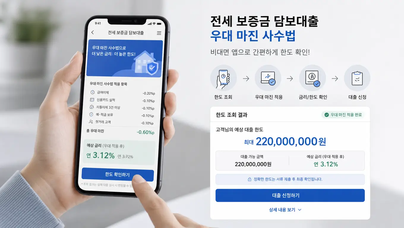 전세 보증금 담보 대출 취급 은행 우대 마진 사수법을 비대면 앱으로 구동하여 한도를 확인하는 모습