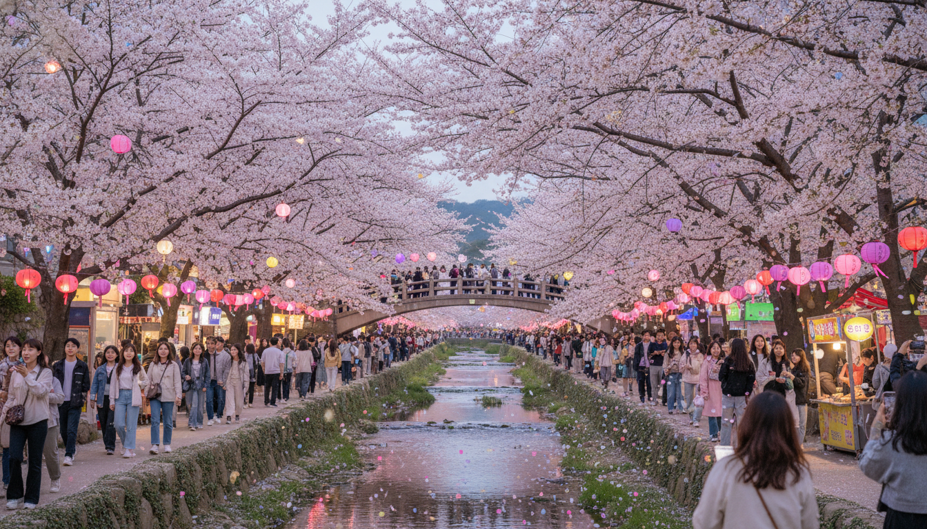 진해 여좌천 로망스 다리를 따라 벚꽃이 만개하고 사람들이 즐거워하는 모습.