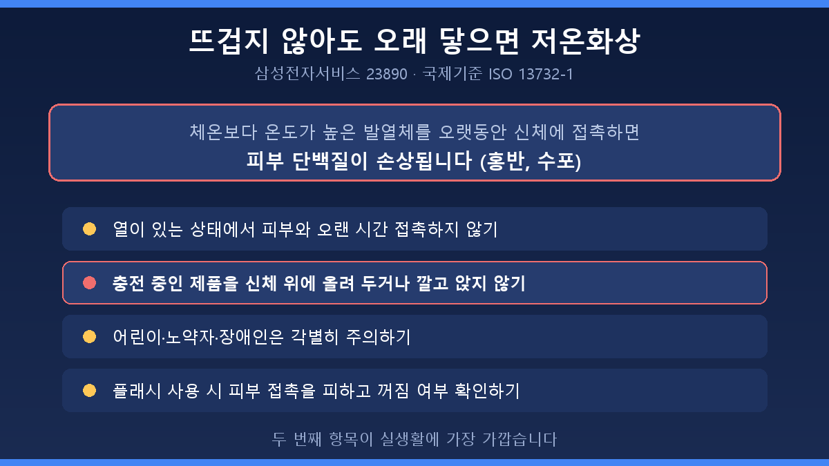 스마트폰 저온화상 주의 - 충전 중 기기를 신체 위에 두지 말 것