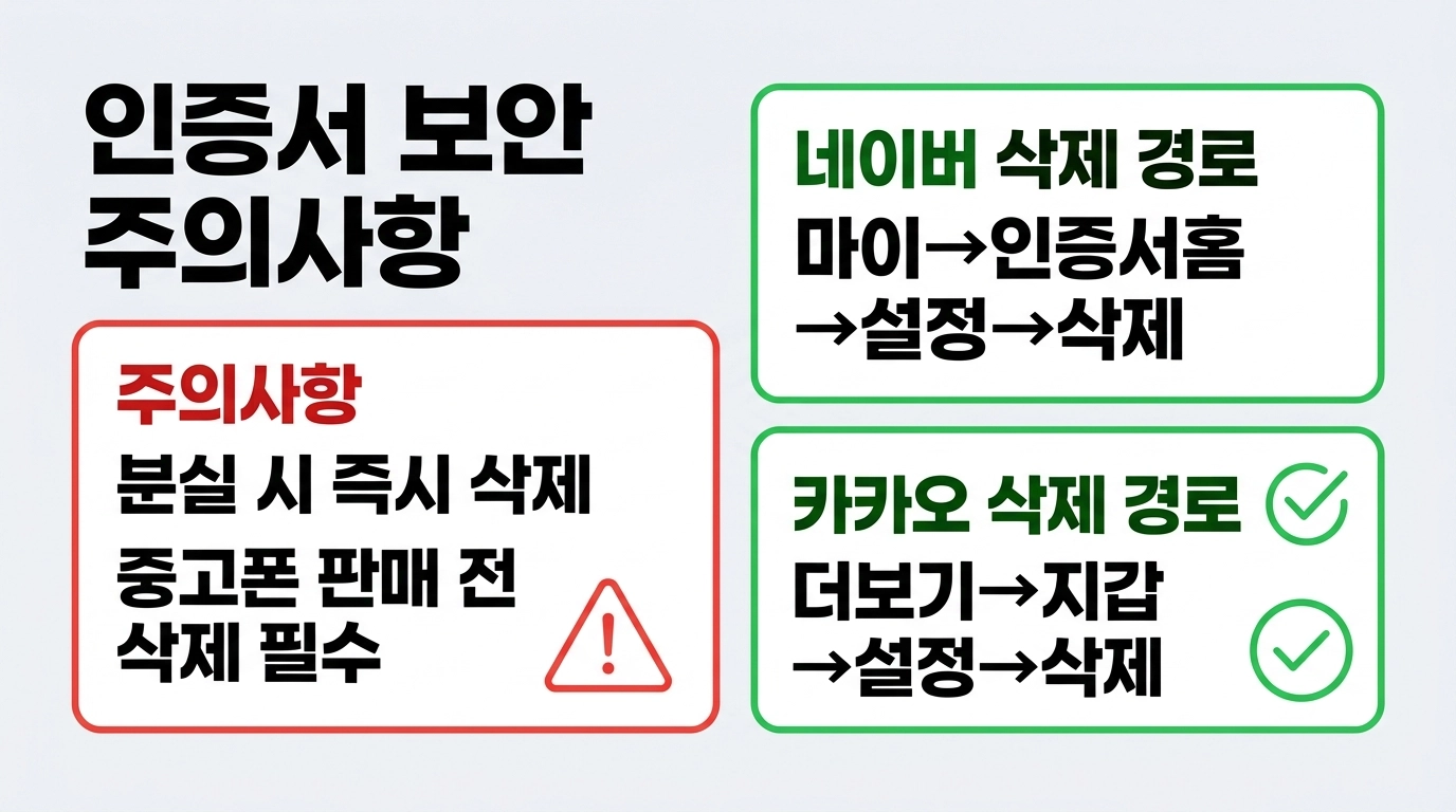 네이버 인증서 카카오 인증서 삭제 방법과 보안 주의사항 요약 인포그래픽