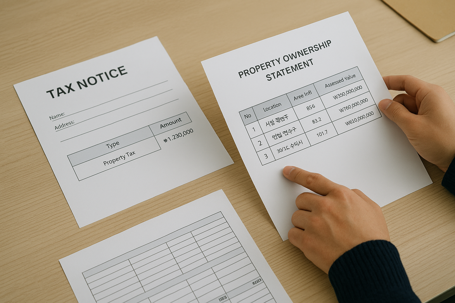 부동산 보유 현황표와 세금 고지서를 함께 놓고 검토하는 책상 위 모습
