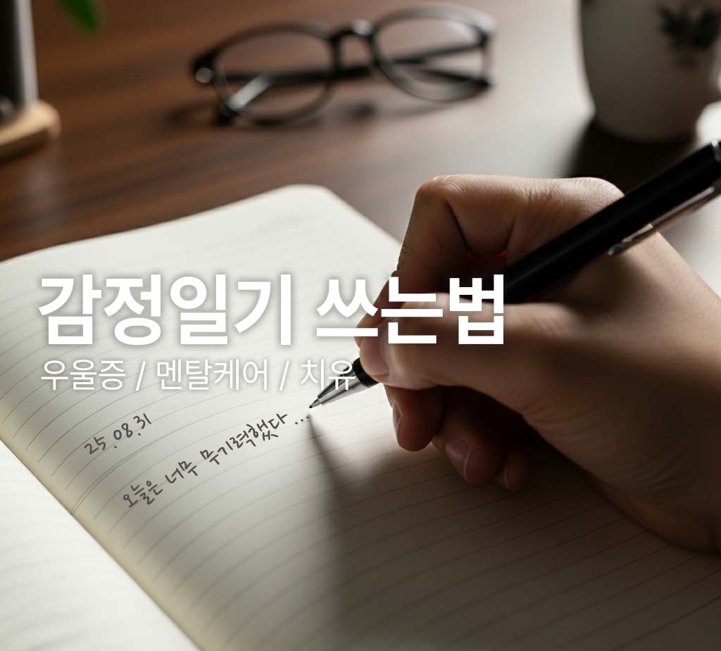 감정일기를 쓰고있는 손과 펜 그리고 일기장이다