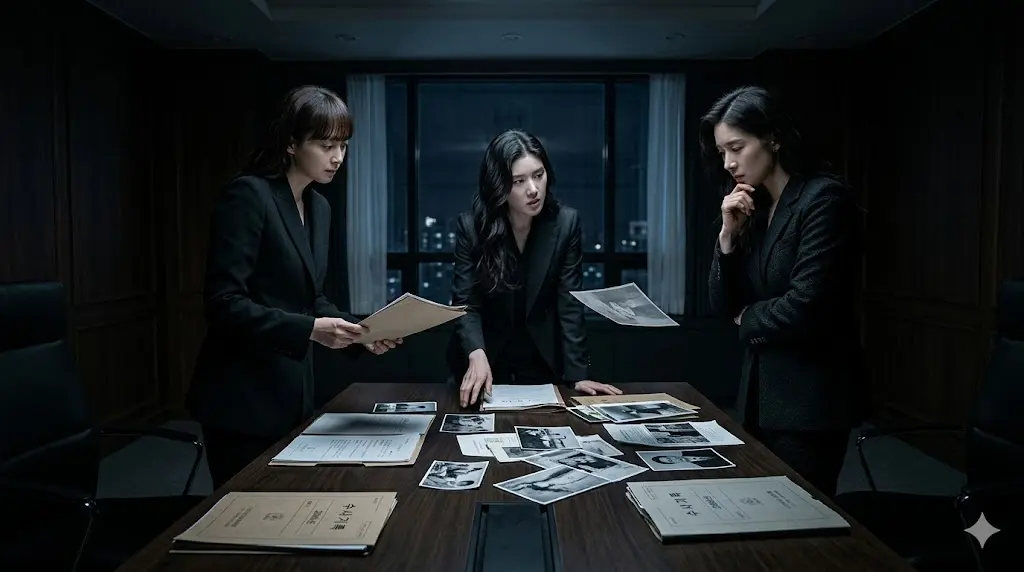 아너 그녀들의 법정 주인공 윤라영, 강신재, 황현진이 어두운 조명의 엘앤제이 회의실에서 20년 전 스캔들 수사 자료를 탁자 위에 펼쳐두고 심각한 표정으로 진실을 추적하는 모습