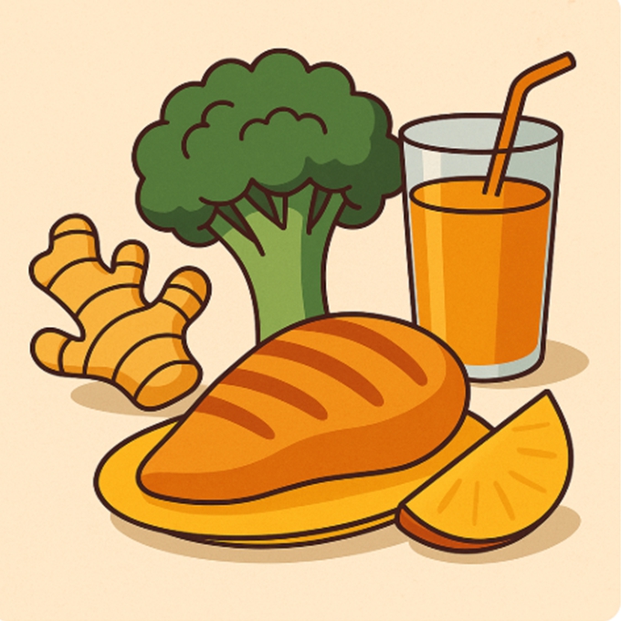 단백질 흡수를 높이기 위한 식단을 즐기는 여성-닭가슴살, 브로콜리, 파인애플, 오렌지주스, 요거트 등이 포함된 건강한 한 끼