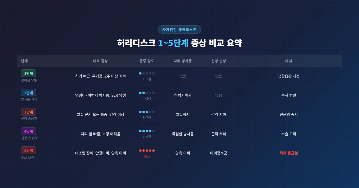 허리디스크 자가진단 1단계부터 5단계 체크리스트 증상 비교 요약표