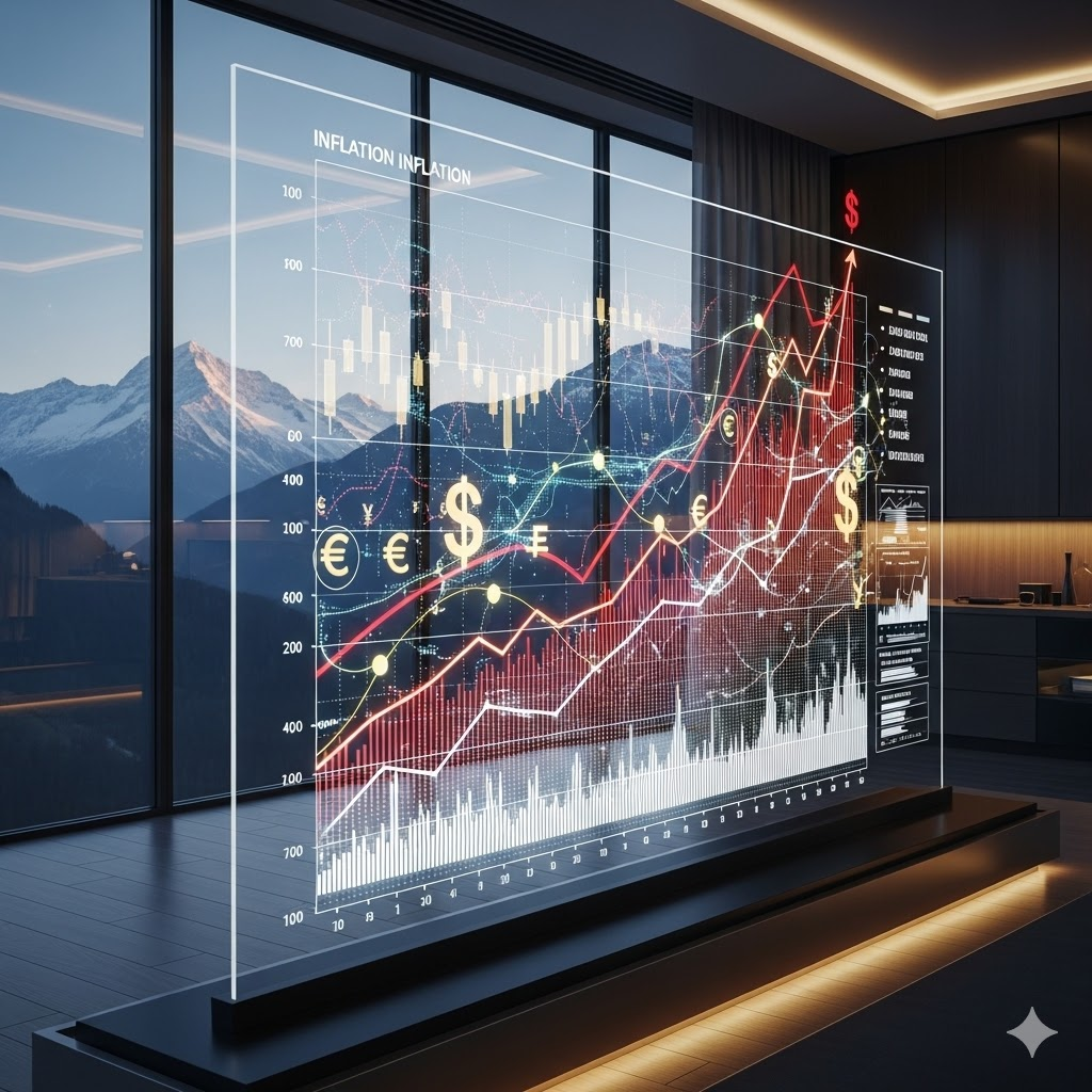 High-end 3D financial visualization of global inflation trends, featuring rising charts and currency symbols in a luxury Swiss office at dusk.