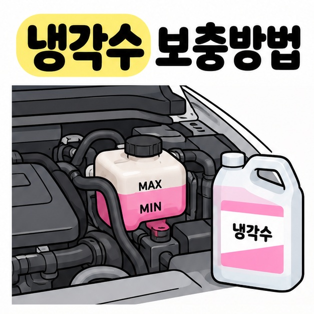 냉각수 보충방법 제목과 냉각수 보조 탱크, 차량 엔진룸을 보여주는 그림
