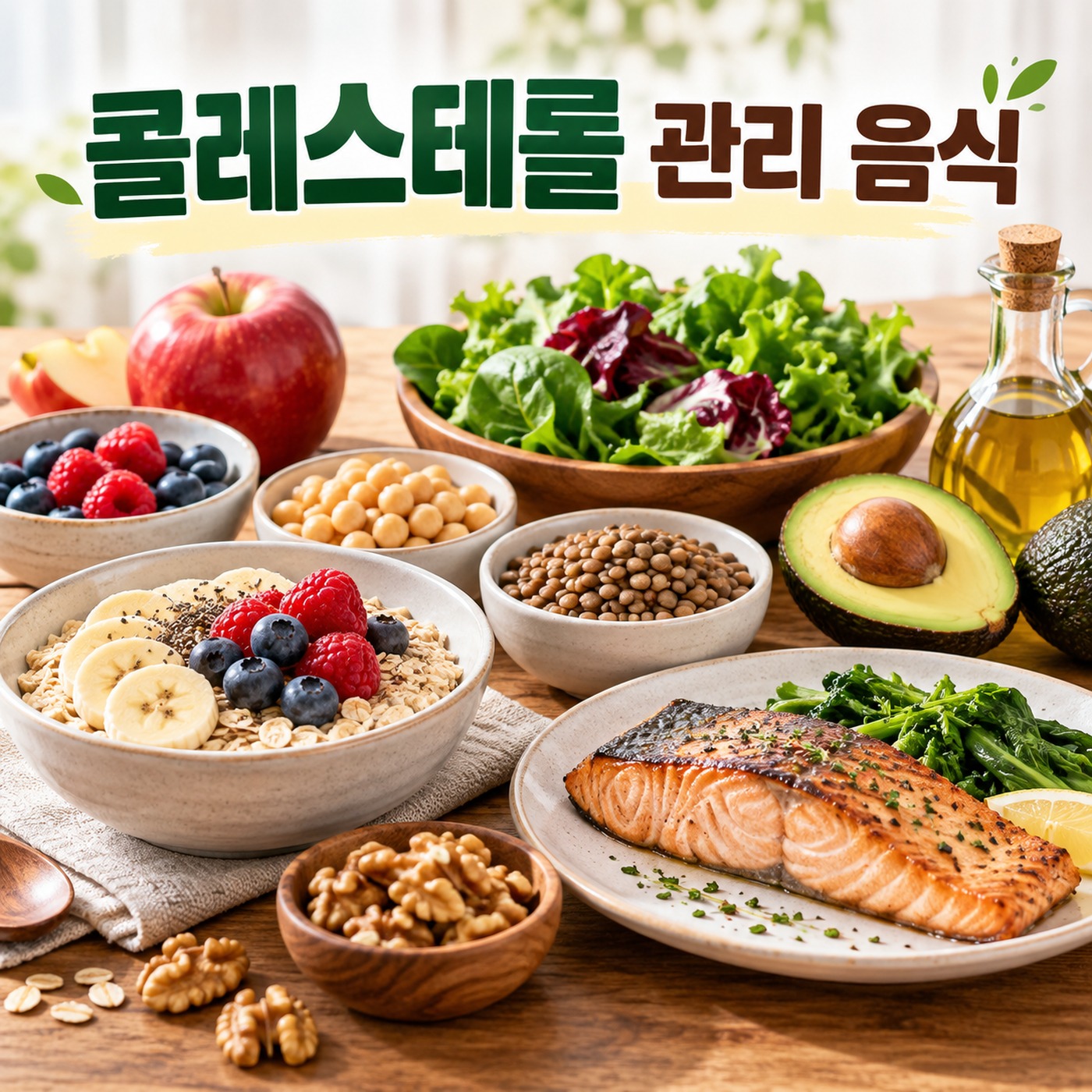 귀리 연어 견과류 채소가 차려진 콜레스테롤 관리 음식 대표 이미지