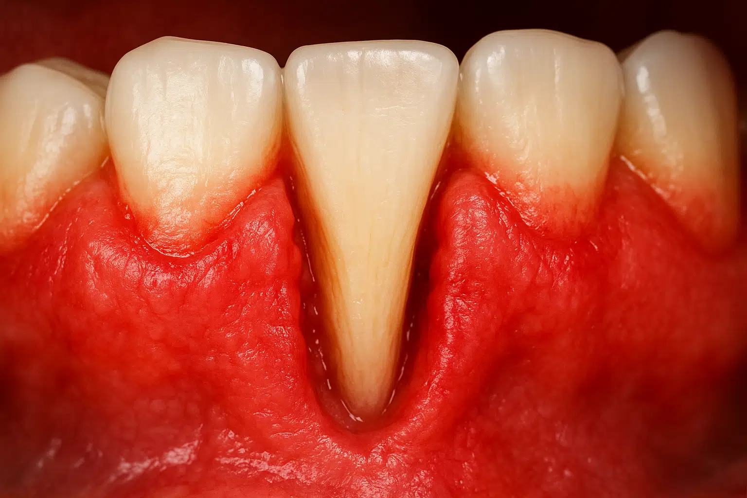 붓고 붉게 변한 잇몸 클로즈업, 치아 뿌리가 드러나 있고 염증으로 인해 잇몸이 후퇴하는 모습, 치주염 진행 과정