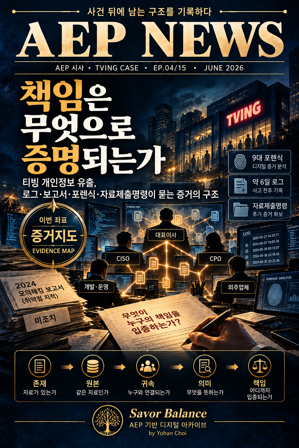 Editorial cover for AEP News TVING Case EP.04, titled &ldquo;How Is Responsibility Proven?&rdquo; A nighttime evidence-mapping scene shows the TVING building, executives and security roles connected to logs, reports, forensic records, and a 2024 penetration-test report. The visual emphasizes an evidence chain from existence and authenticity to attribution, meaning, and legal responsibility, without presuming individual guilt.