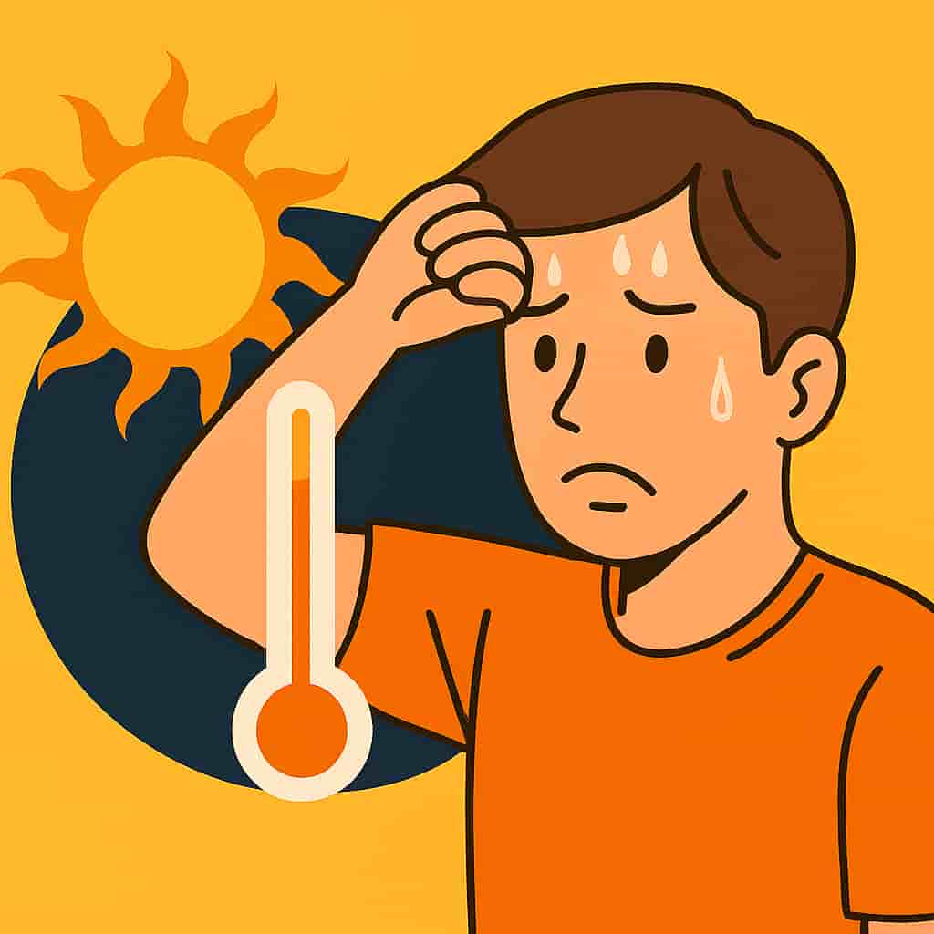 폭염 속 무더운 여름날 일러스트 – 햇볕, 체온계, 더위, 땀