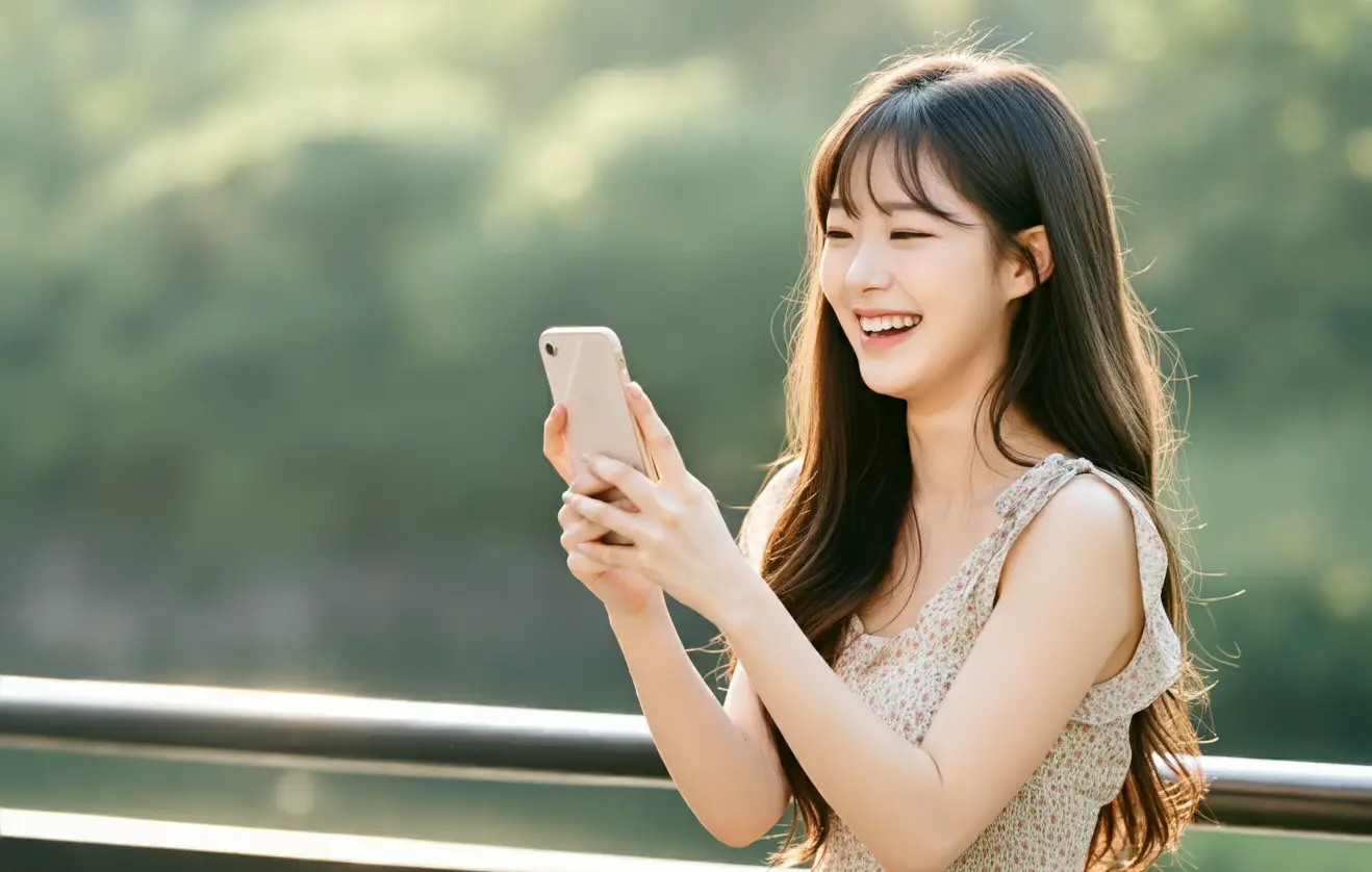 스마트폰을 보면서 환하게 웃는 여성