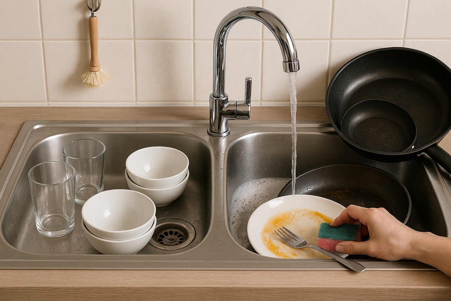 컵과 그릇을 먼저 설거지하고 기름진 식기를 나중에 처리하는 모습