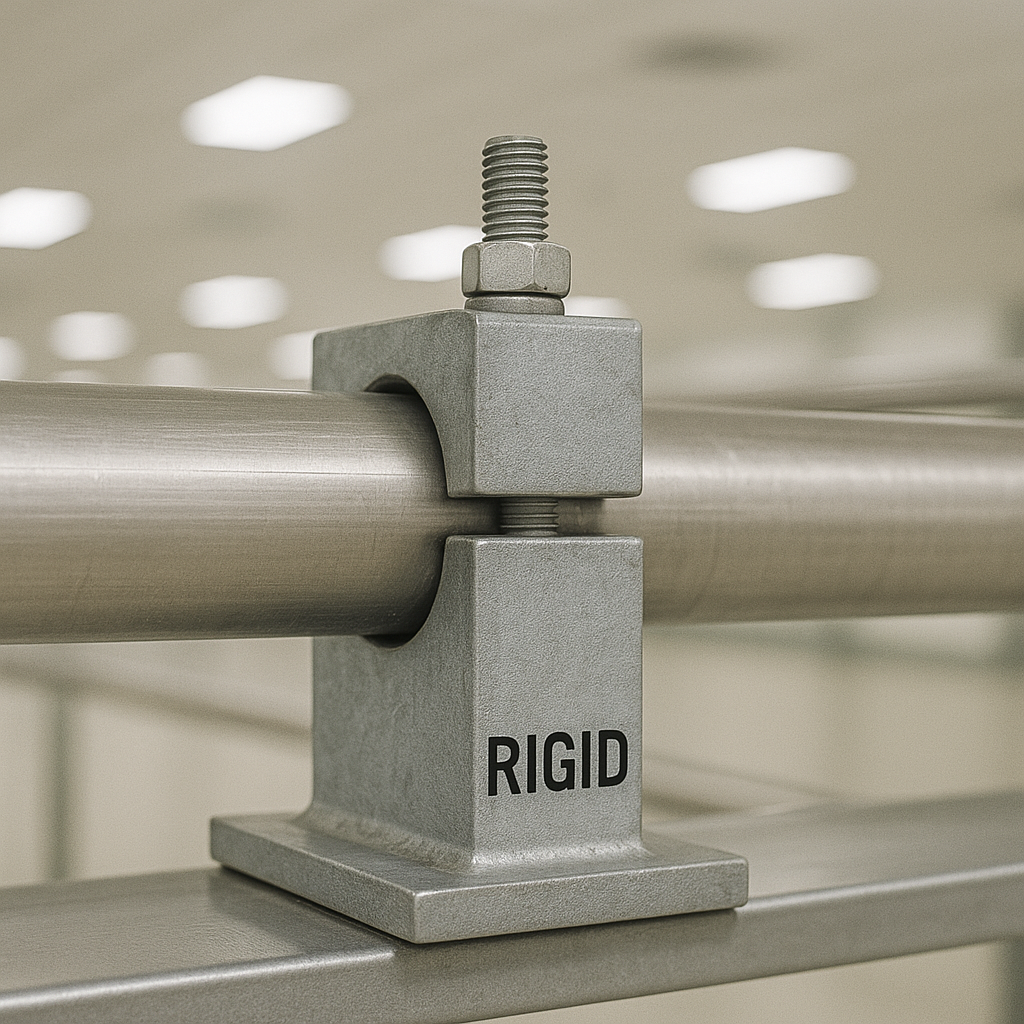 Realistic close-up of a rigid support holding stainless steel piping firmly in place in an industrial cleanroom