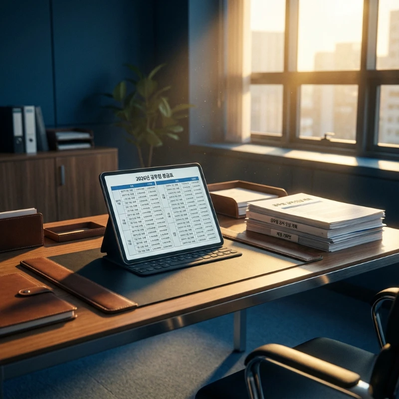 2026년 공무원 봉급표와 수당 인상 내역이 정리된 서류와 태블릿 이미지