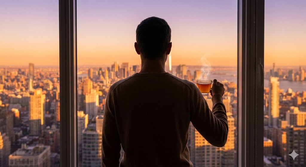 창밖의 도시 일출을 배경으로 차 한 잔을 들고 경제적 자유가 주는 평온함을 만끽하는 투자자의 모습
