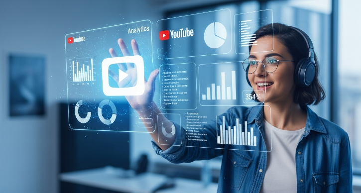 구글 AI 스튜디오를 이용해 유튜브 채널 성장을 위한 데이터 분석 및 키워드 전략 툴을 무료로 만들고 있는 모습이 담긴 미래지향적인 이미지.