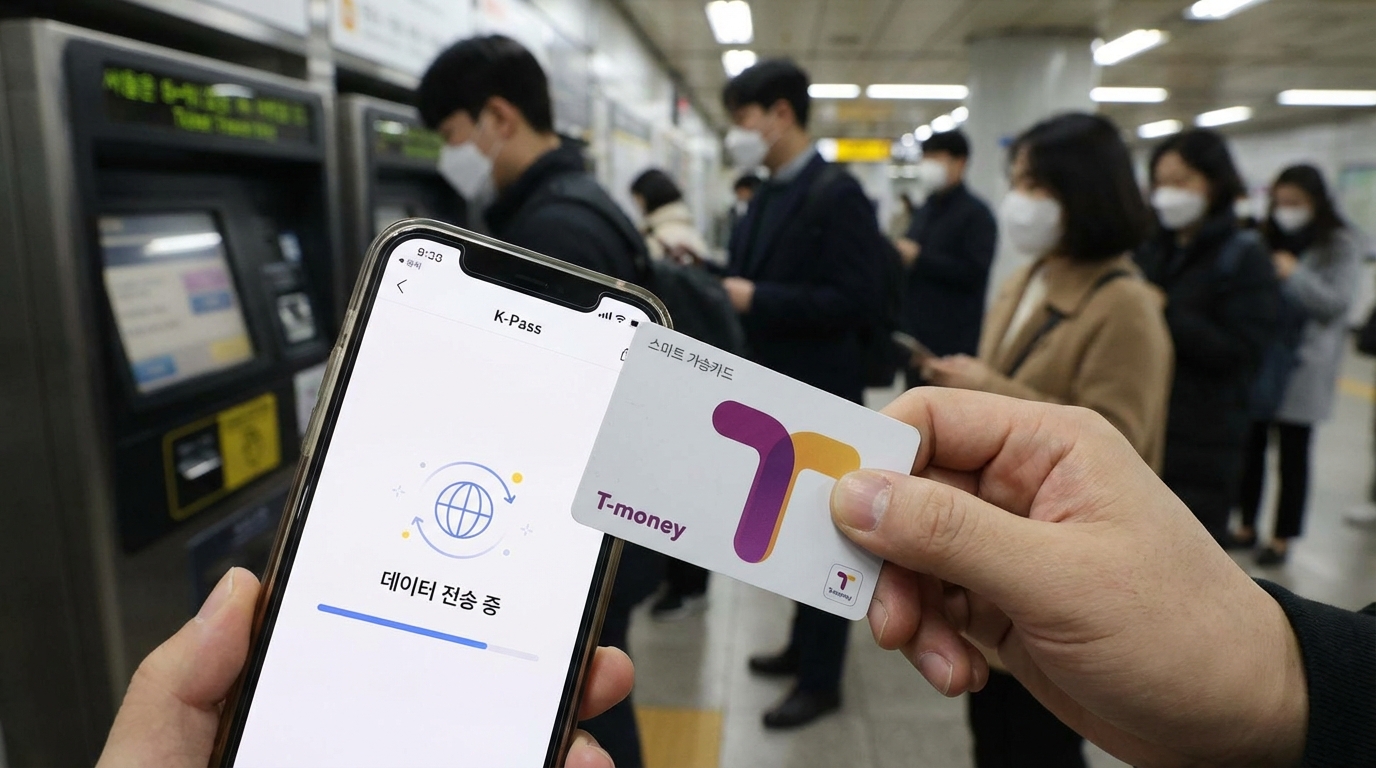 알뜰교통카드 사용자가 K-패스로 회원 데이터를 이관하고 새 카드를 등록하는 과정을 보여주는 디지털 그래픽