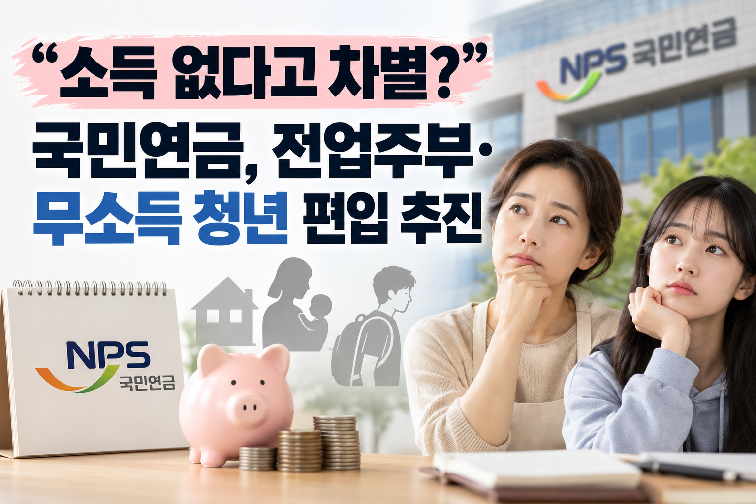 국민연금 전업주부와 무소득 청년 지역가입자 편입 추진을 설명하는 이미지