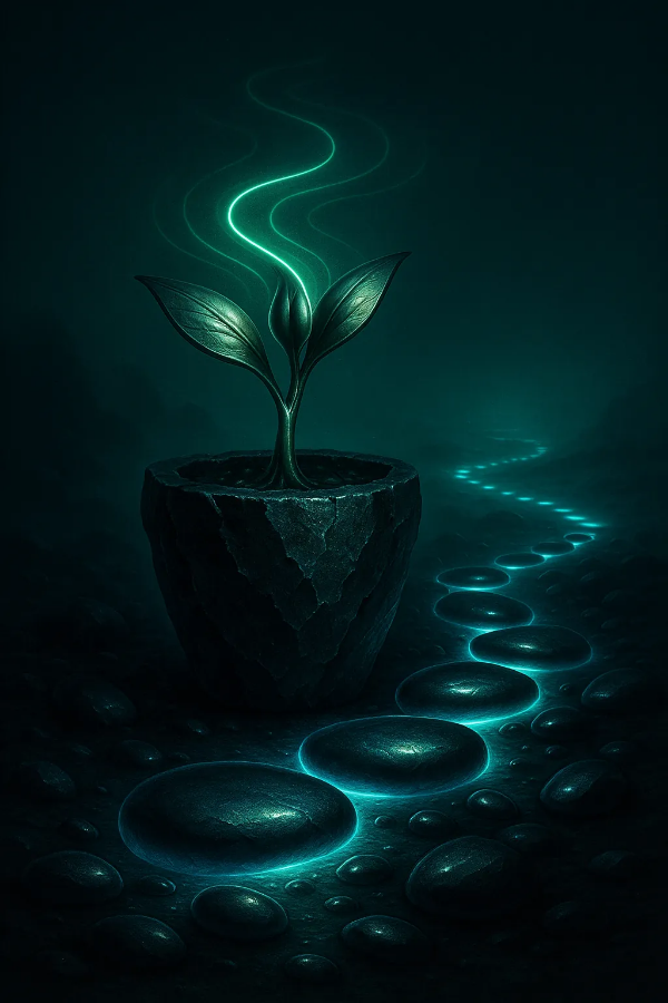 흑요석 화분에서 금속성 초록 새싹이 빛을 내며 피어나는 장면과 네온 조약돌이 이어지는 안개 낀 초현실적 길
