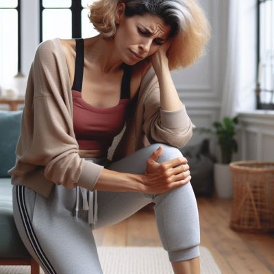 무릎통증으로 고통스러워하는 여성