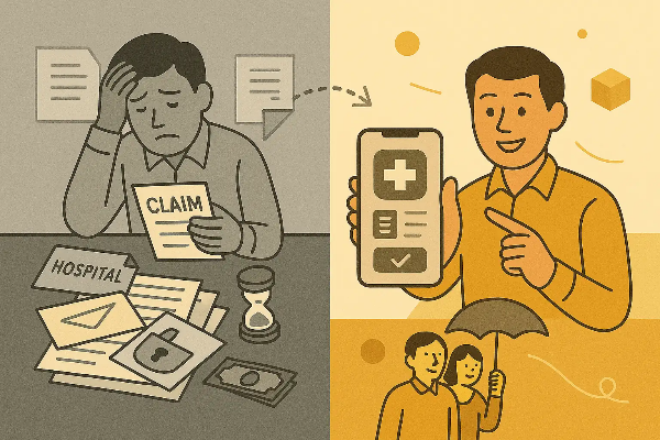 종이 서류 더미와 스마트폰 앱 화면을 대비시켜 실손보험 청구 방식의 변화를 보여주는 이미지