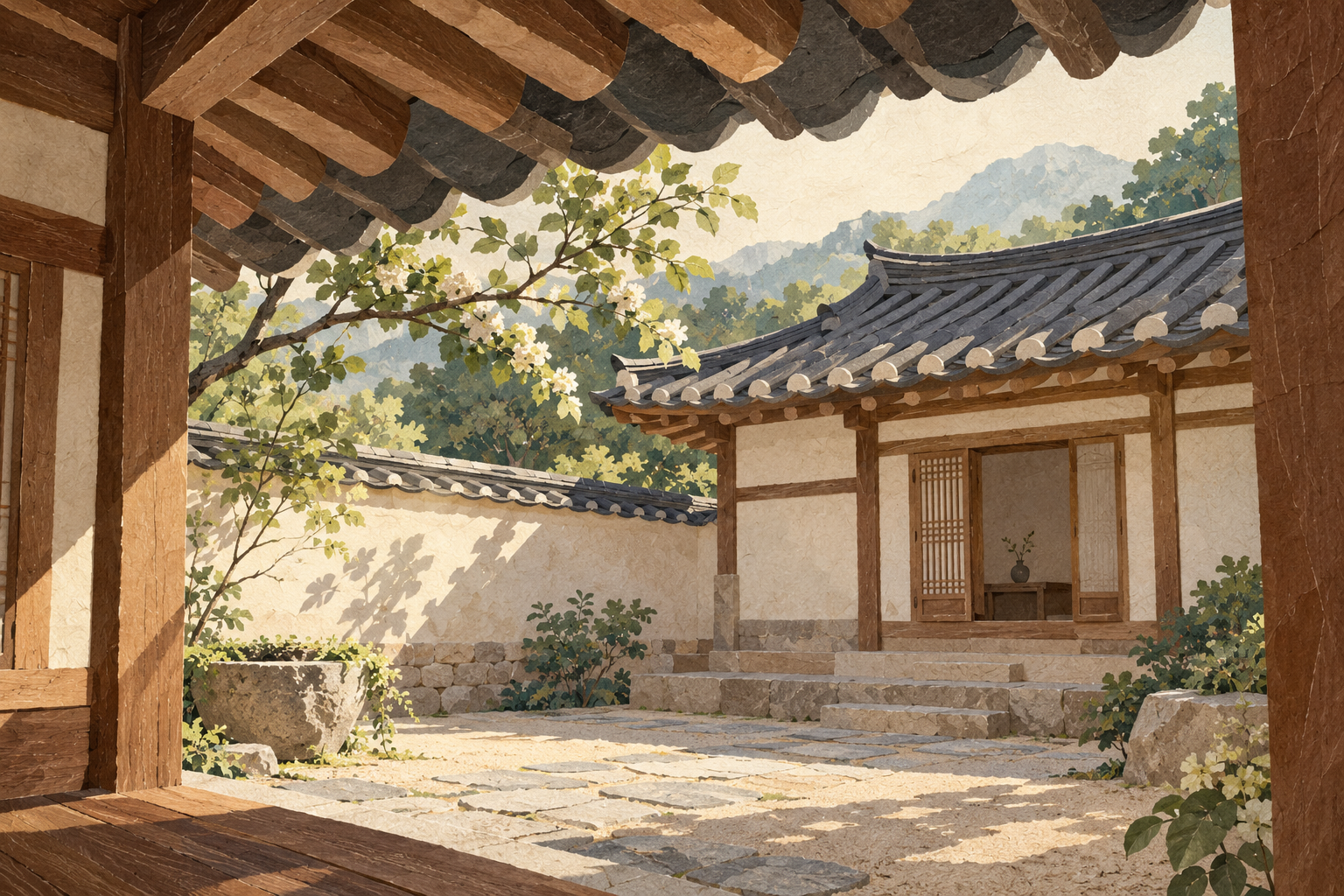 A sunlit paper-and-gouache courtyard framed by timber beams and dark tiled eaves, facing cream walls, a wooden doorway and a flowering branch.