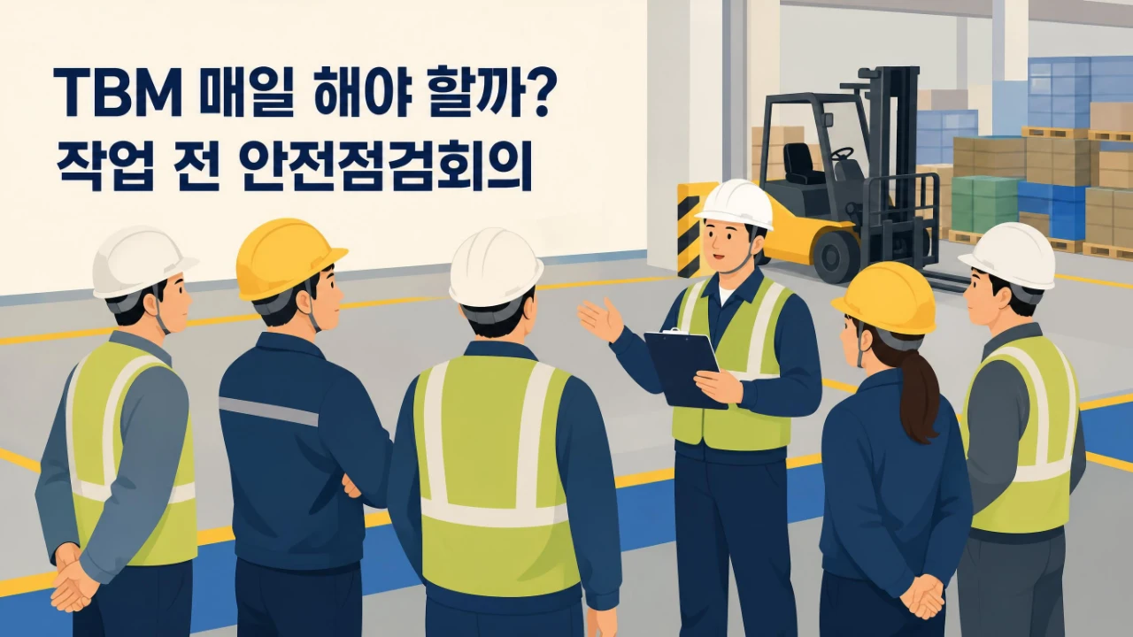 작업 시작 전 관리감독자와 근로자들이 작업내용과 위험요인을 확인하는 TBM 모습