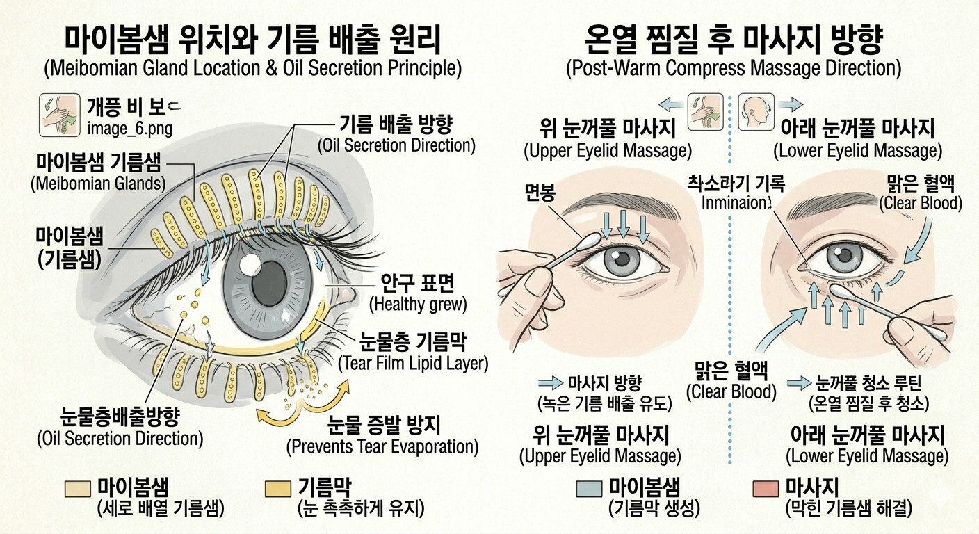- 마이봄샘 위치와 기름 배출 원리: 왼쪽의 눈 측면 단면도를 보시면, 위아래 눈꺼풀 속에 세로로 배열된 마이봄샘(옐로우)의 정확한 위치와 기름(옐로우)이 배출되어 눈물층 기름막(옐로우 라인)을 덮는 과정을 직관적으로 확인할 수 있습니다.
- 온열 찜질 후 마사지 방향: 오른쪽의 전신 측면도를 보시면, 온열 찜질 후 막힌 마이봄샘을 뚫어주기 위해 면봉을 사용하여 위 눈꺼풀은 '위에서 아래로', 아래 눈꺼풀은 '아래에서 위로' 밀어주는 올바른 마사지 방향(블루 화살표)을 확인할 수 있습니다.