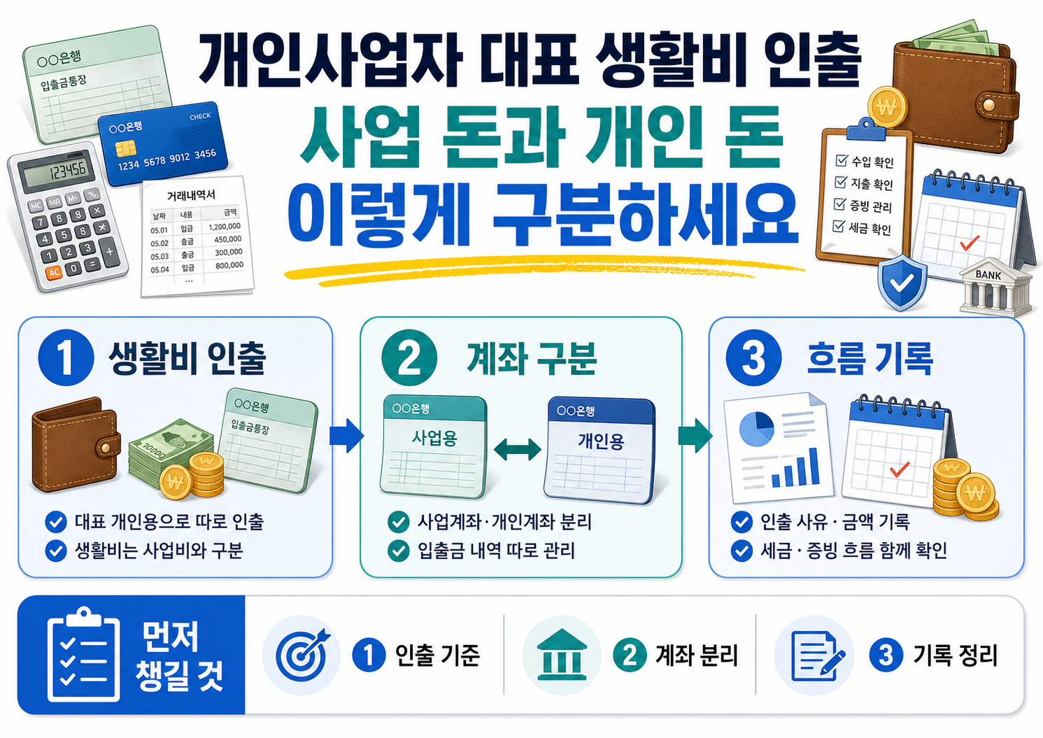 개인사업자가 대표 생활비 인출과 사업비 지출을 구분해 사업 돈과 개인 돈을 관리하는 방법을 설명하는 이미지