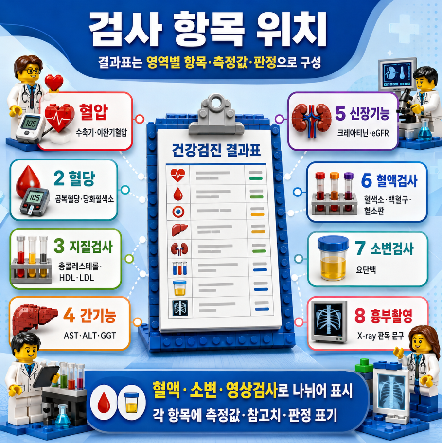 건강검진 결과표의 혈압, 혈당, 지질검사, 간기능, 신장기능, 소변검사, 흉부촬영 항목 위치를 정리한 인포그래픽