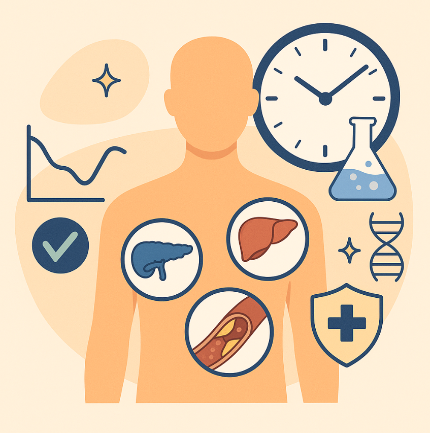 단식을 통해 신진대사와 건강 회복을 보여주는 일러스트