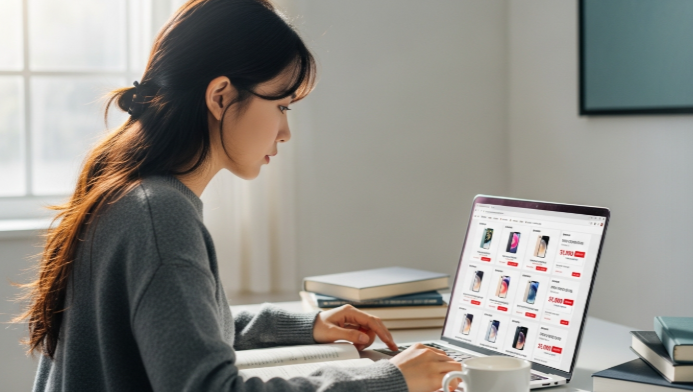 노트북으로 온라인 쇼핑몰을 서핑하며 아이폰 할인을 비교하는 모습