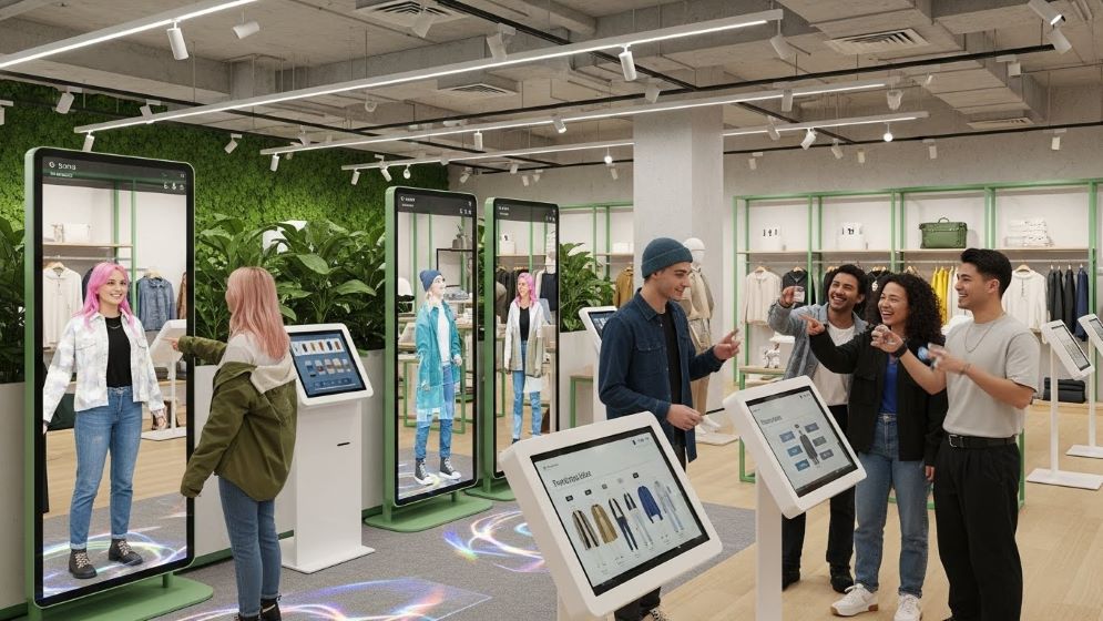 증강 현실(AR) 거울과 개인화된 디지털 키오스크를 사용하여 옷을 입어보는 등 Z세대를 중심으로 다양한 젊은 층이 있는 활기차고 현대적인 소매 공간입니다.