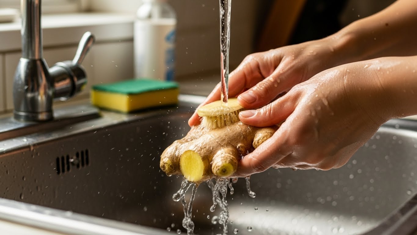 집에서 생강을 깨끗이 씻어 손질하는 과정