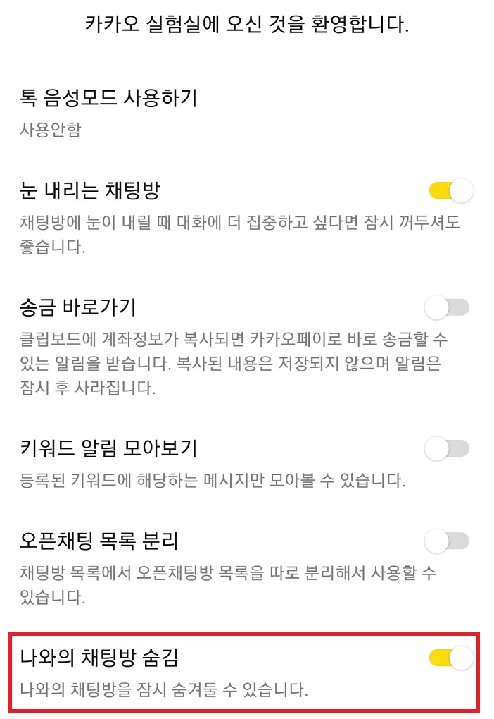 나와의 채팅 숨기기 버튼 활성화