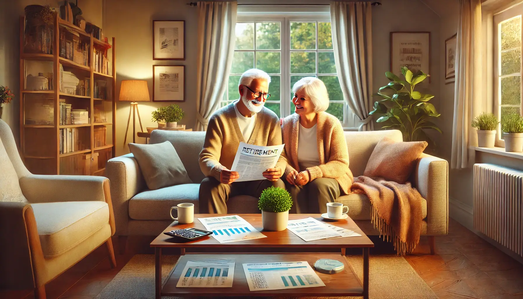 편안한 소파에 앉아 재무 서류를 함께 보는 노부부가 등장하는 아늑한 거실의 장면을 담고 있습니다