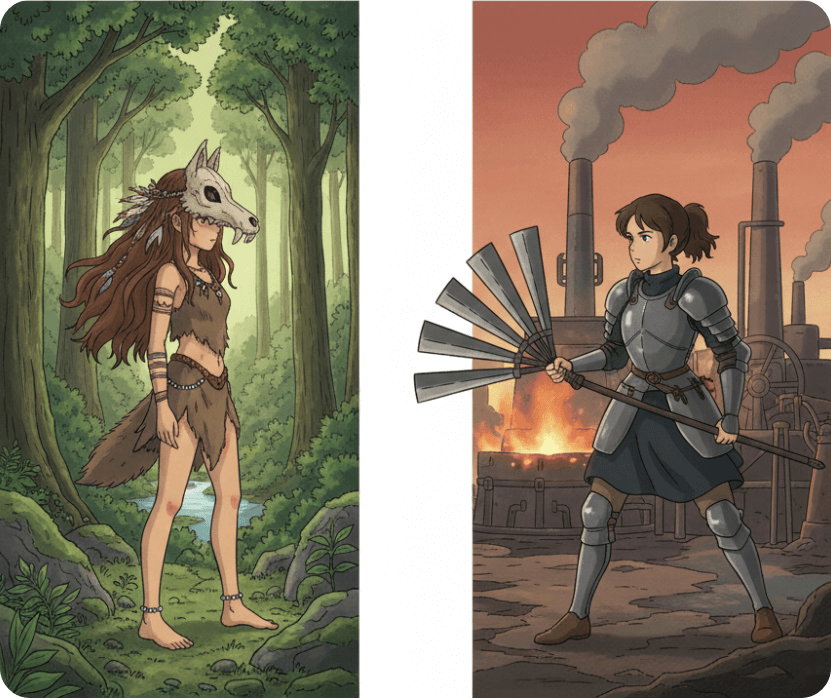 alt="모노노케 히메에서 산과 에보시를 상징적으로 표현한 두 여성 리더가 숲과 철의 배경을 등지고 마주 선 모습의 일러스트"