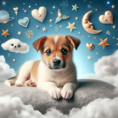 구름 위에 꿈을 꾸고 있는 강아지와 달, 별, 하트가 떠 있는 장면.
